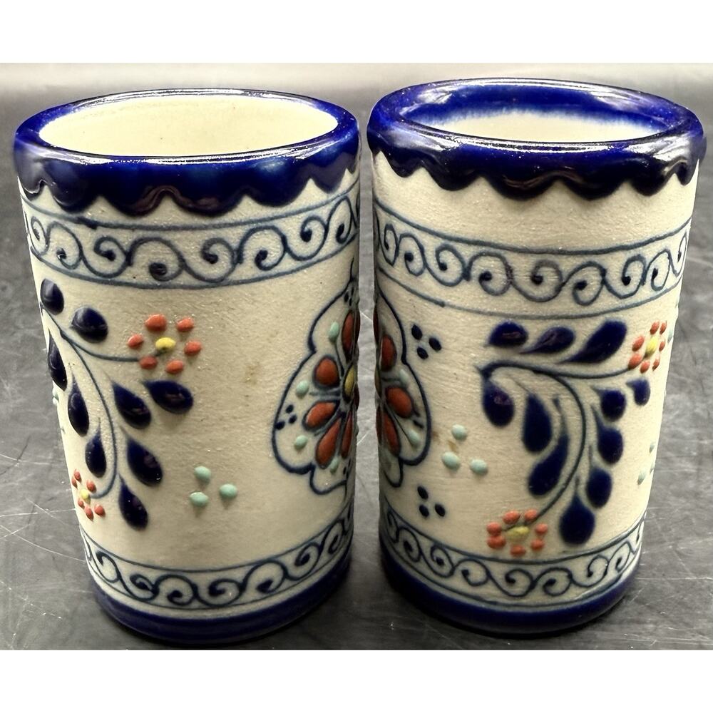 2.5” Pottery Shot Glasses Hand Painted Embossed Flowers Mexican Spanish SET OF 2
